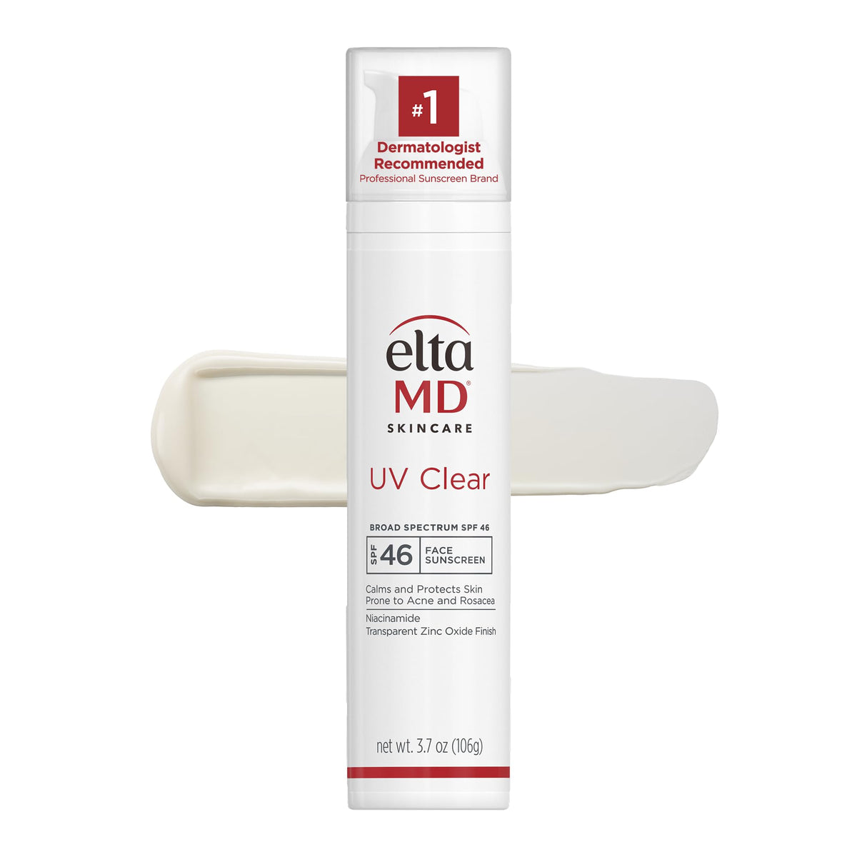 EltaMD UV Clear bottle pump showing oil-free protection for acne-prone skin