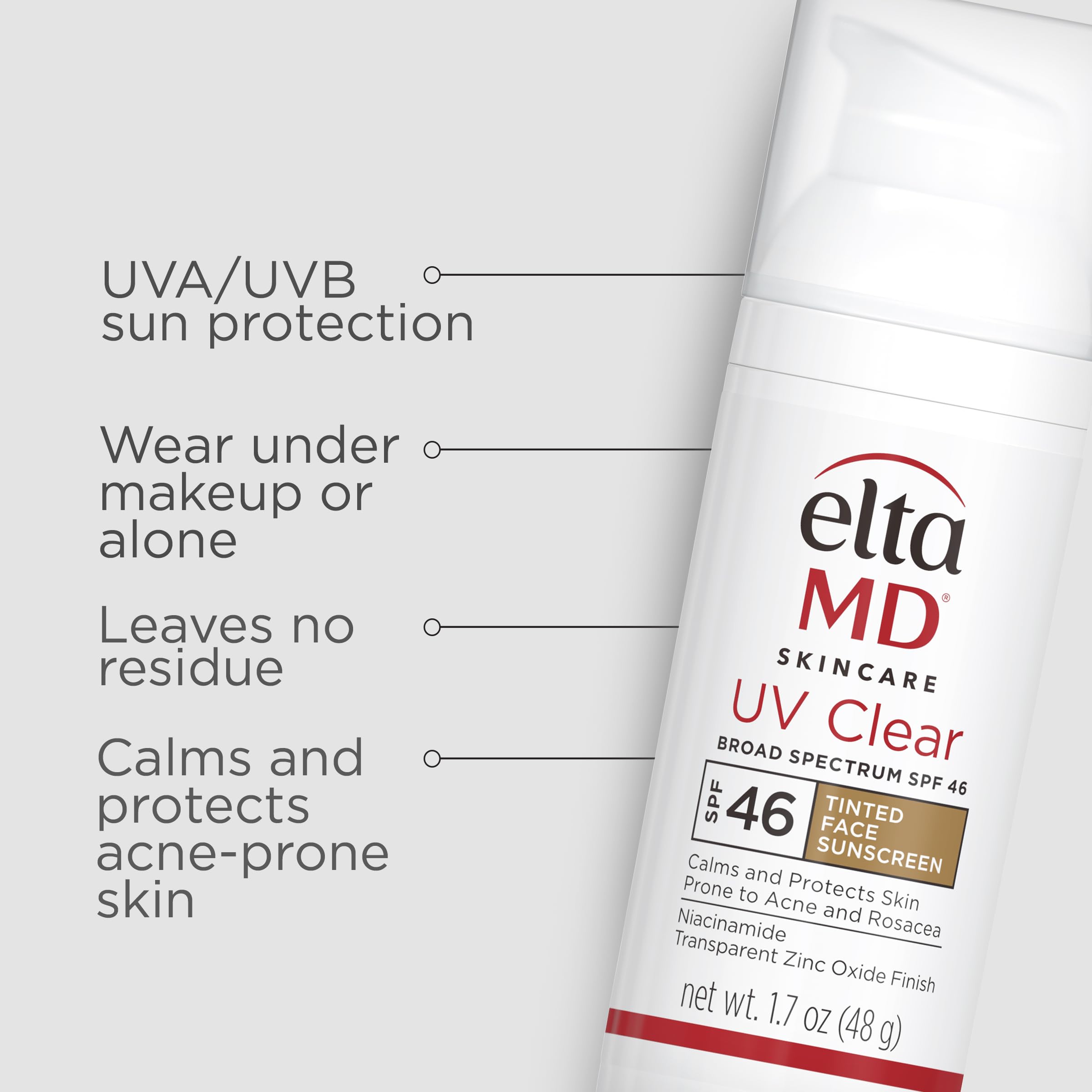 EltaMD UV Clear tinted SPF 46 swatch on skin demonstrates light, non-greasy coverage.