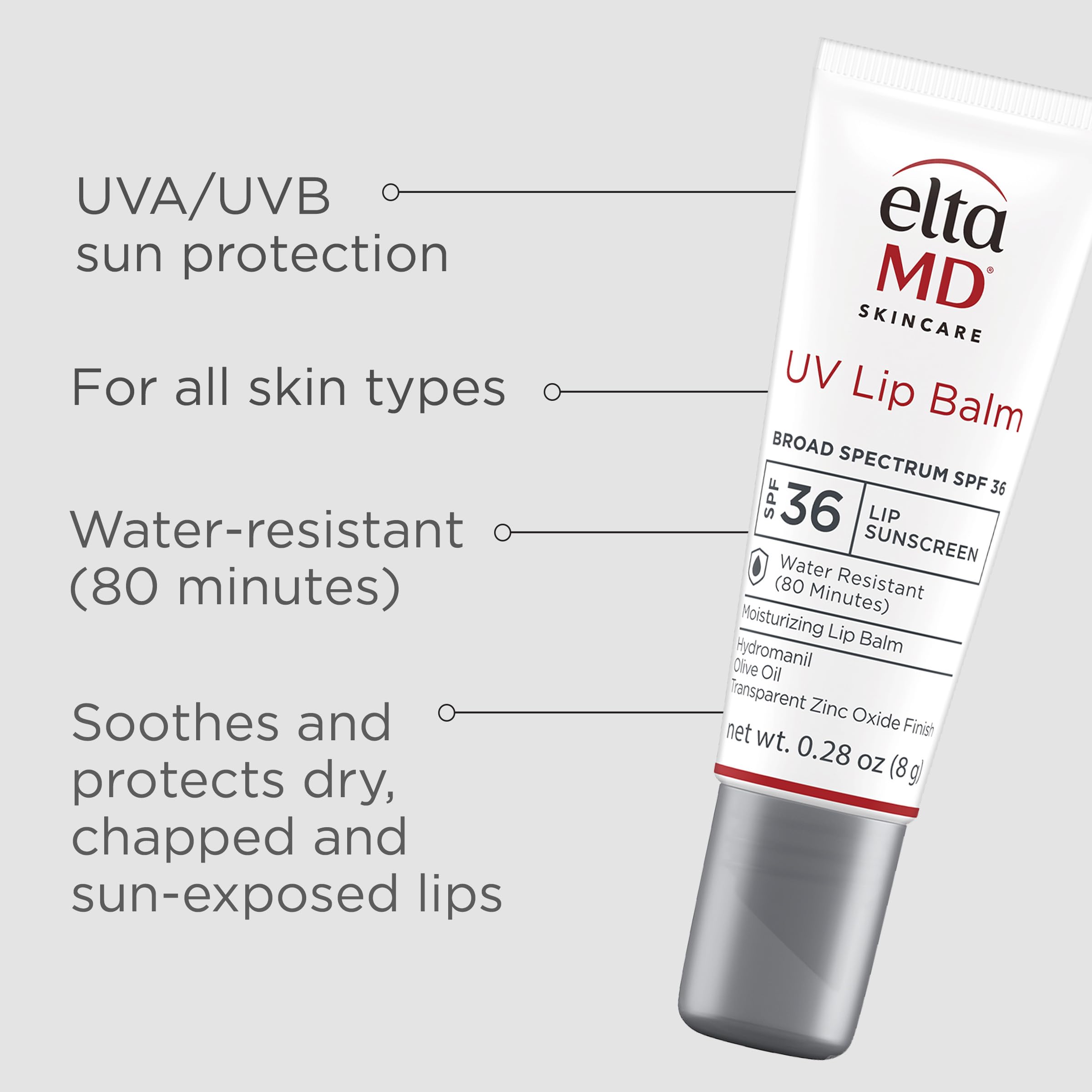Close-up of transparent zinc oxide formula on EltaMD lip balm.