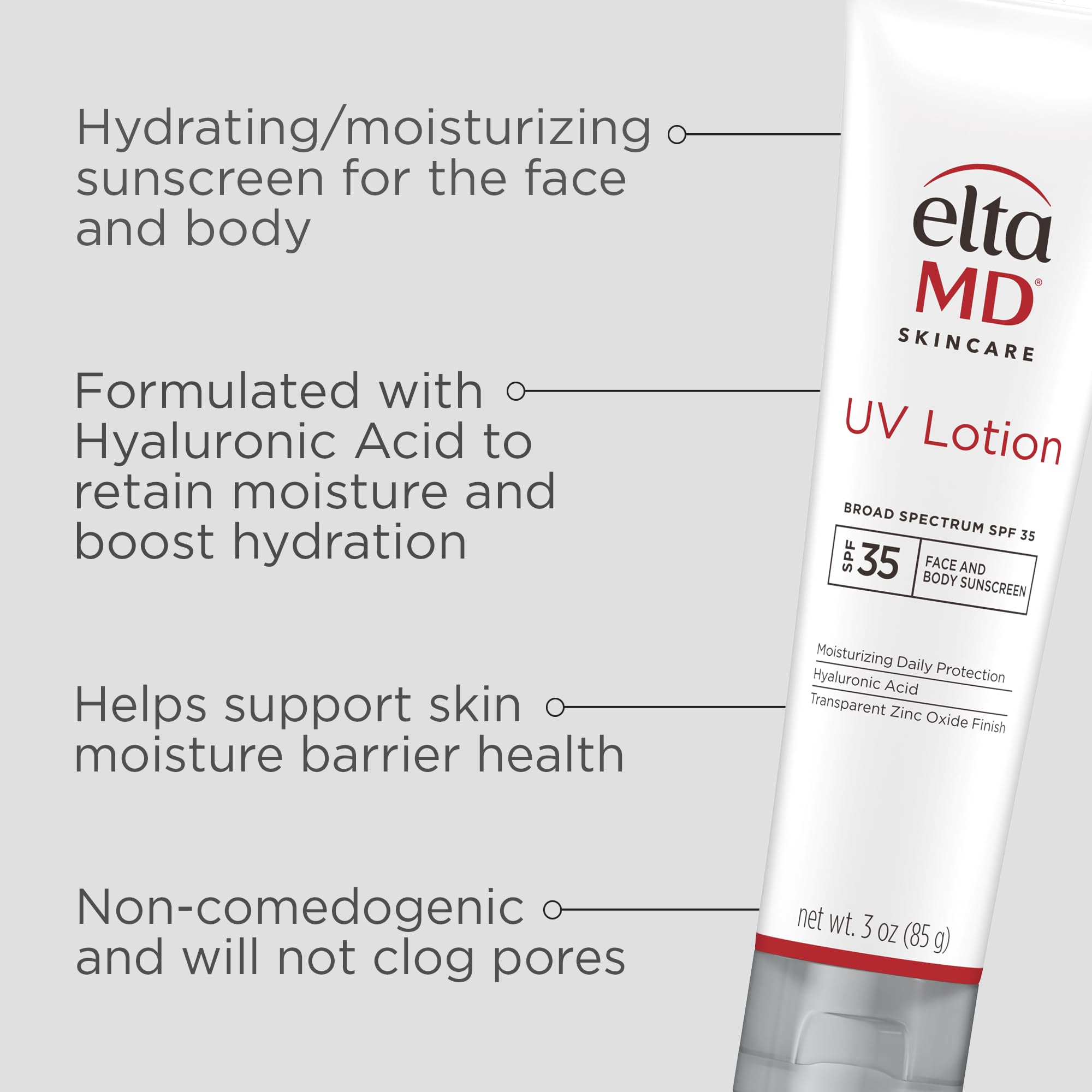 EltaMD UV Lotion mineral formula with zinc oxide and hyaluronic acid.