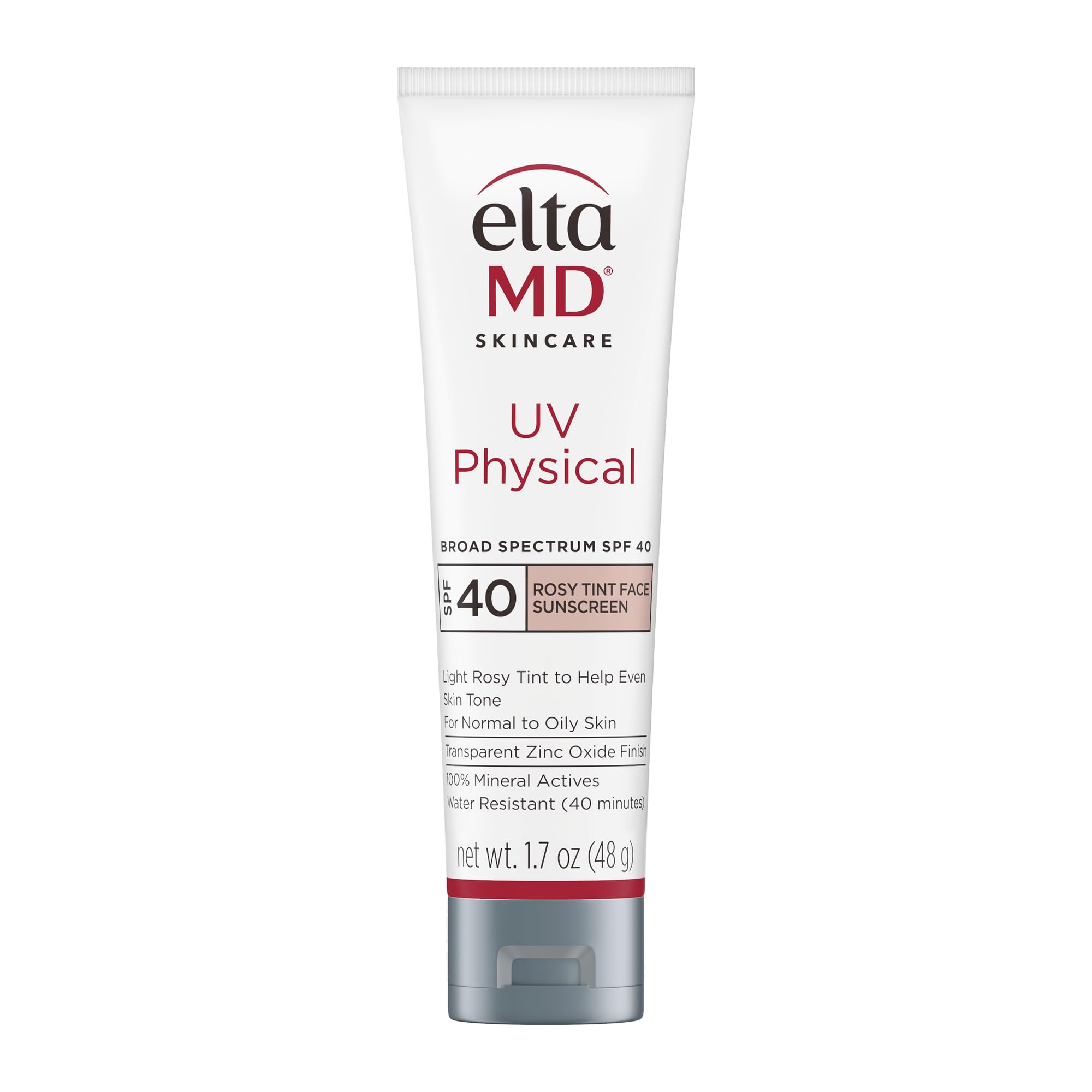 EltaMD UV Physical Rosy Tint bottle close-up showing mineral sunscreen protection.
