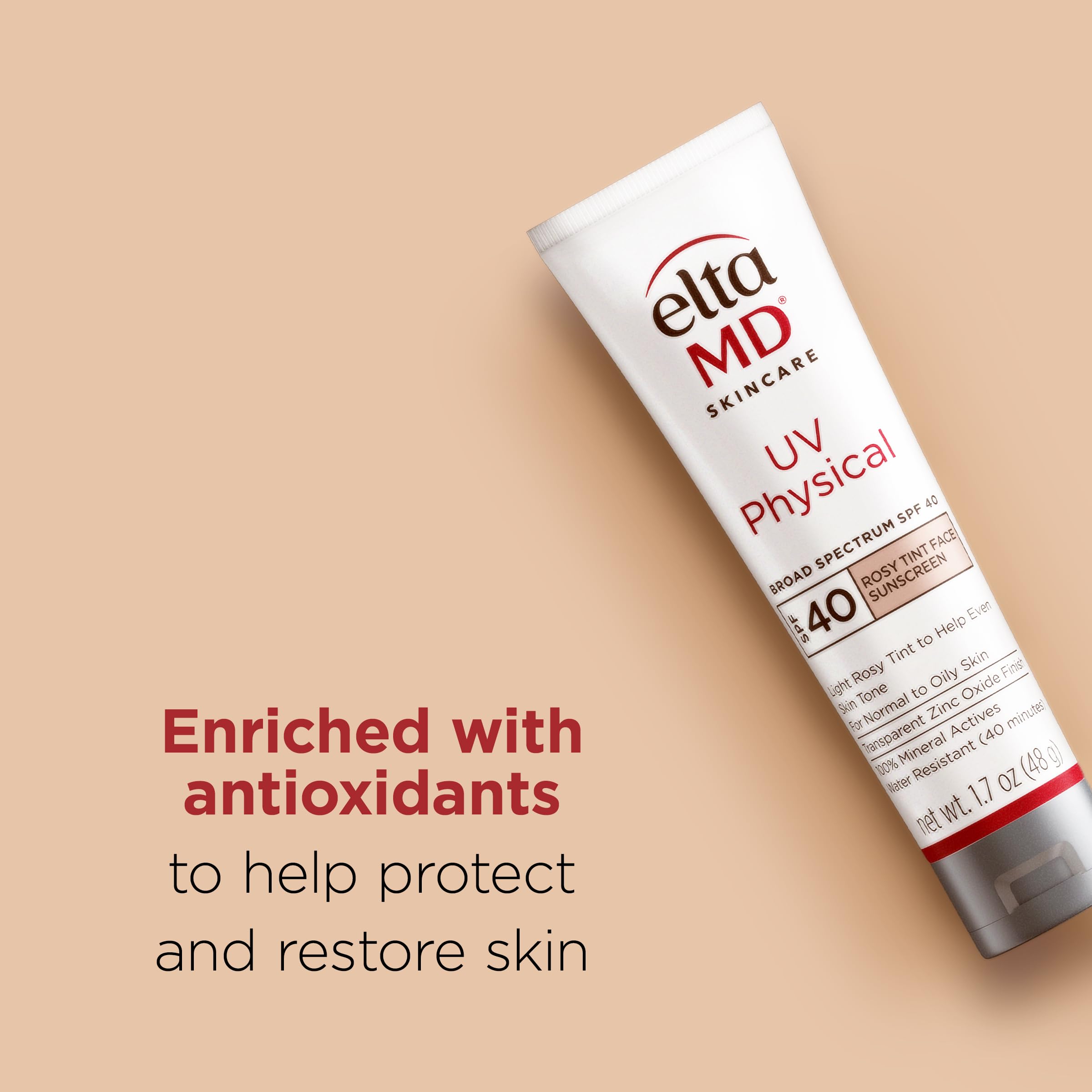 EltaMD UV Physical Rosy Tint demonstrates 40-minute water resistance on skin.