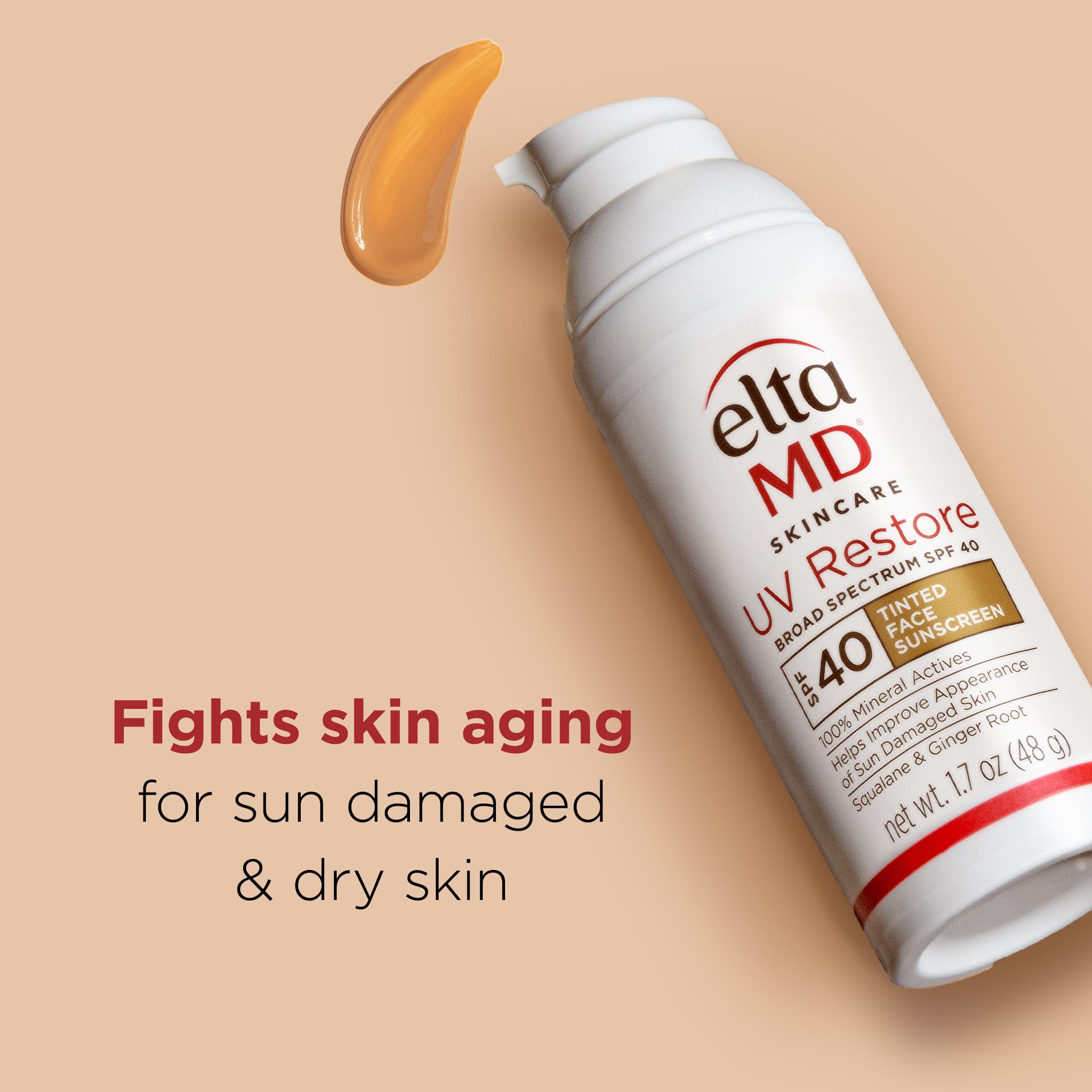 EltaMD UV Restore bottle on vanity with hydrated skin nearby.