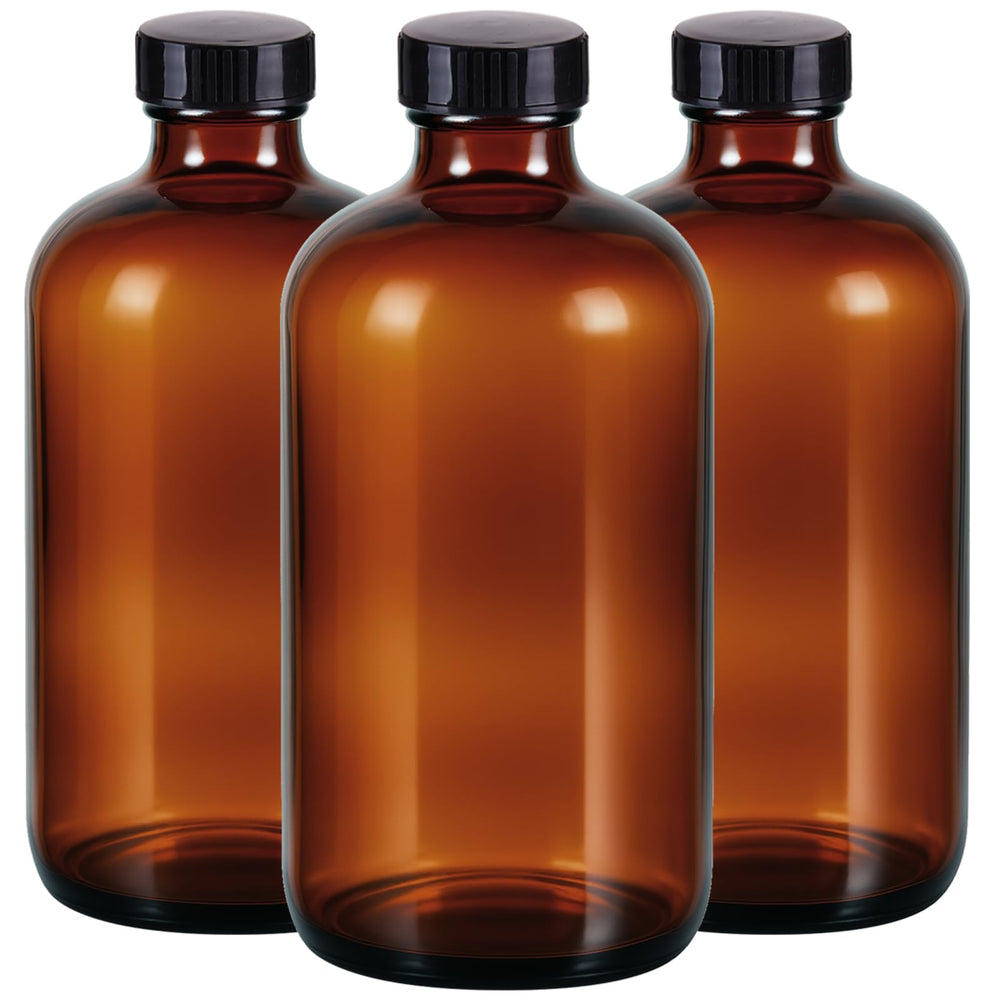 Elumeiro amber Boston Round bottle 16oz protects light-sensitive contents from UV exposure.
