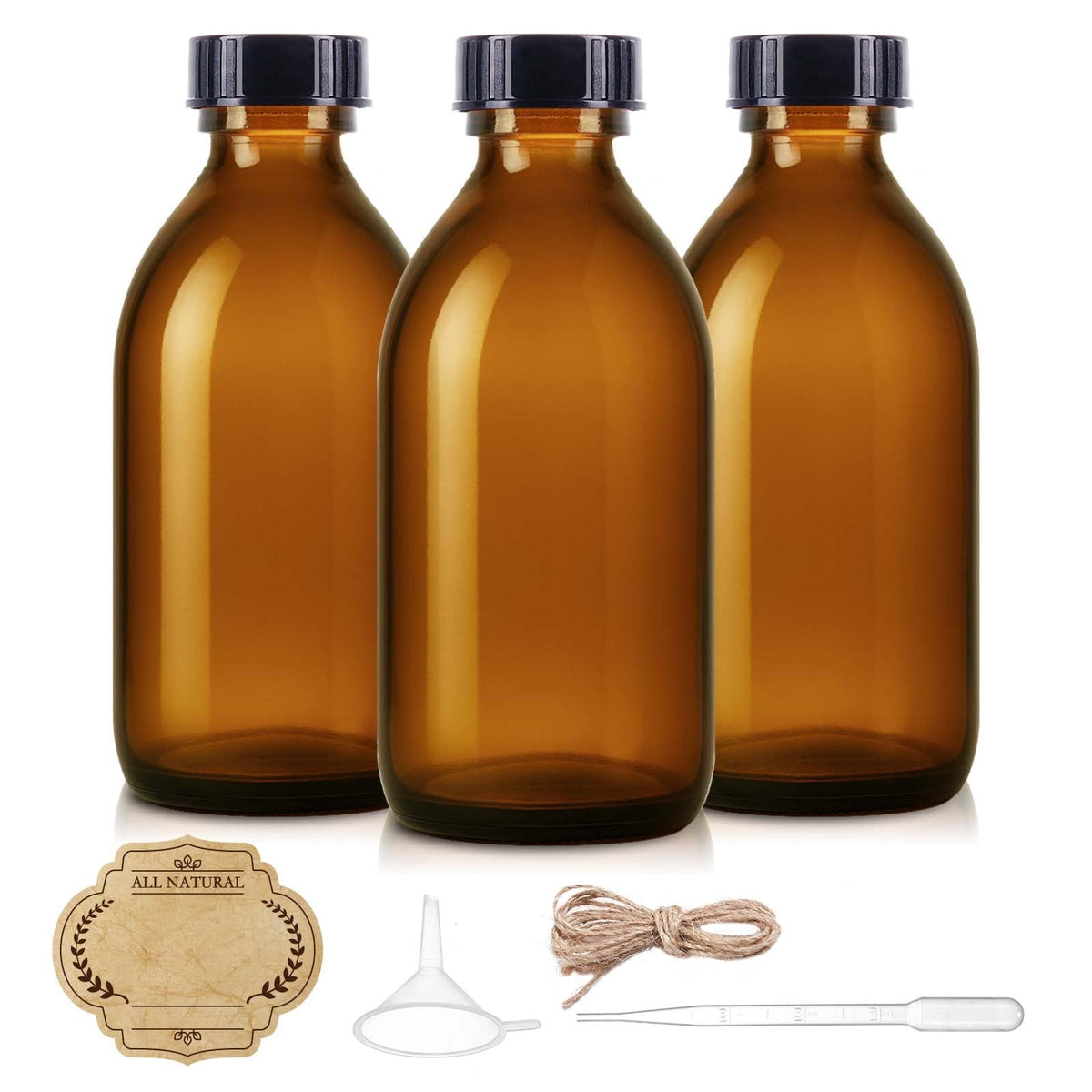 Elumeiro 8oz amber bottle with lids, ideal for vanilla extract and essential oils.