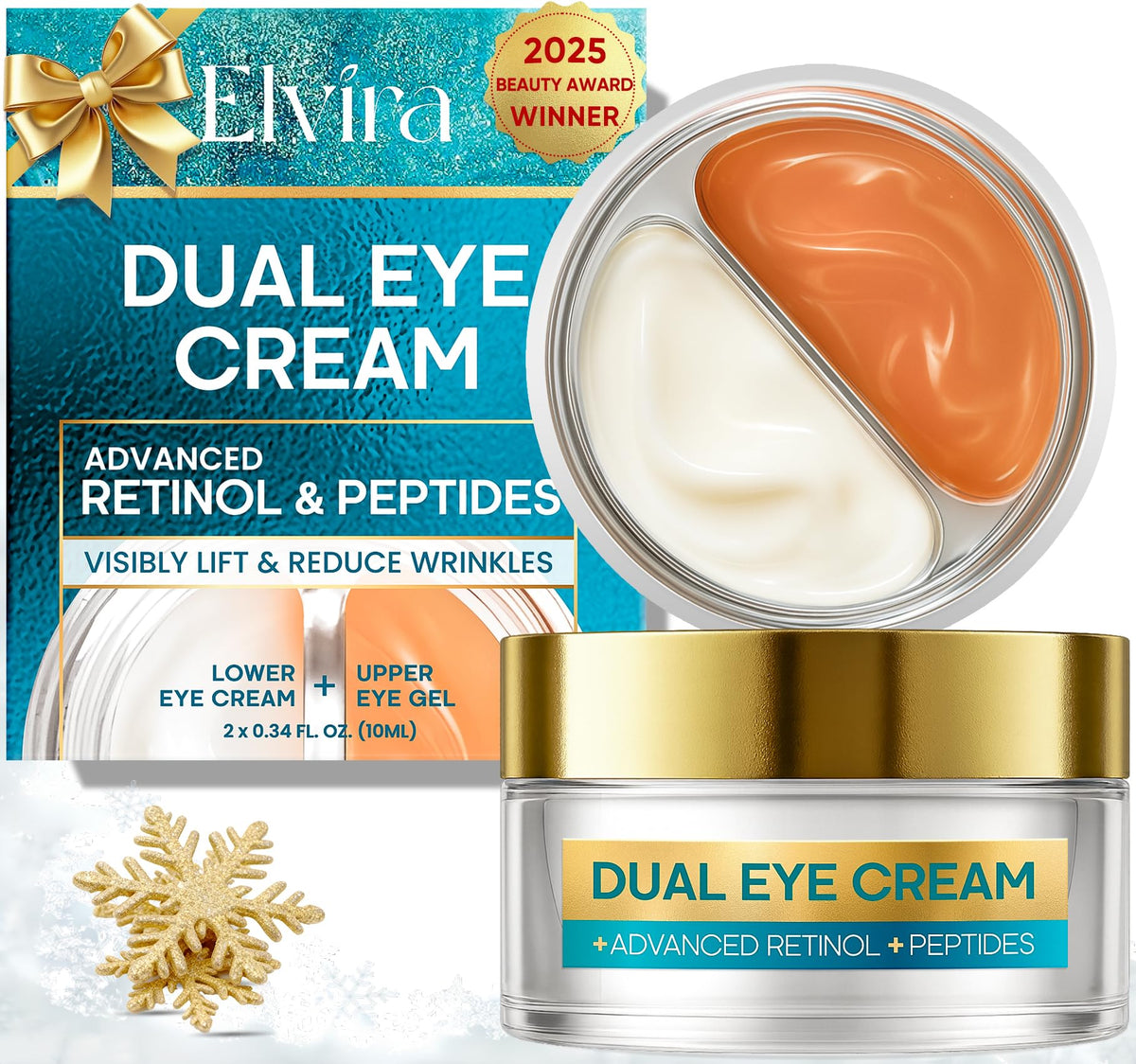 Elvira Dual Eye Cream bottle close-up for quick daily eye care routine.