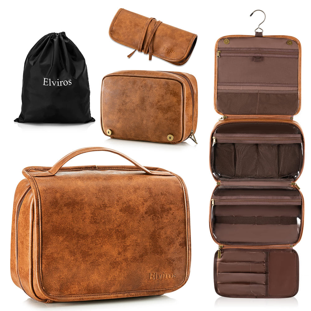 Elviros hanging toiletry bag closed view, durable PU leather and compact travel-ready design.