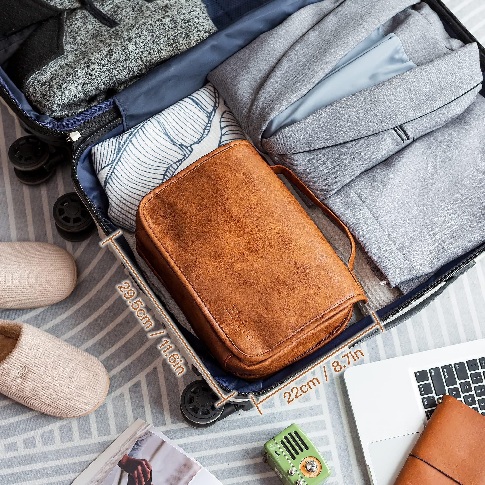 Elviros hanging toiletry bag in-use travel setup showing 3-in-1 versatility.