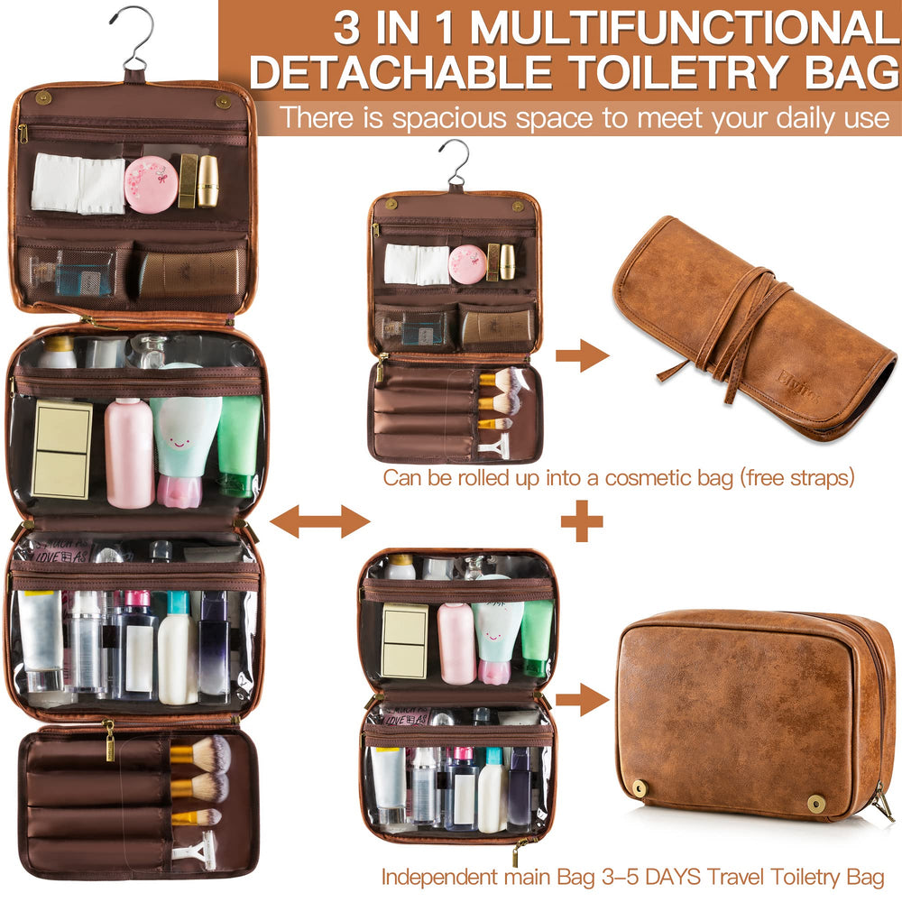 Elviros hanging toiletry bag top removable section for quick-access grooming organization.