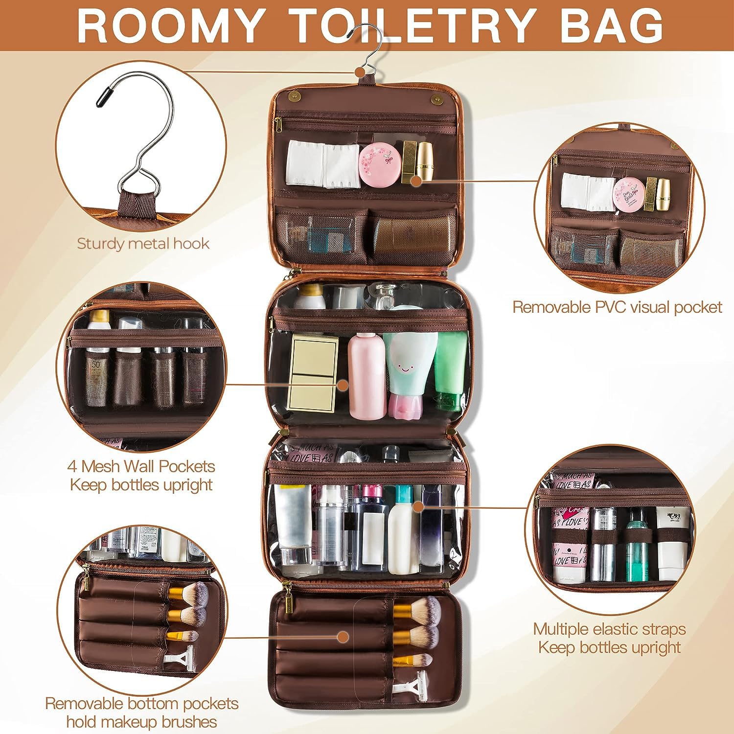 Elviros hanging toiletry bag waterproof PU leather protects items in damp settings.