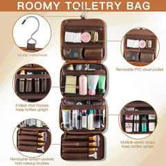 Elviros hanging toiletry bag waterproof PU leather protects items in damp settings.