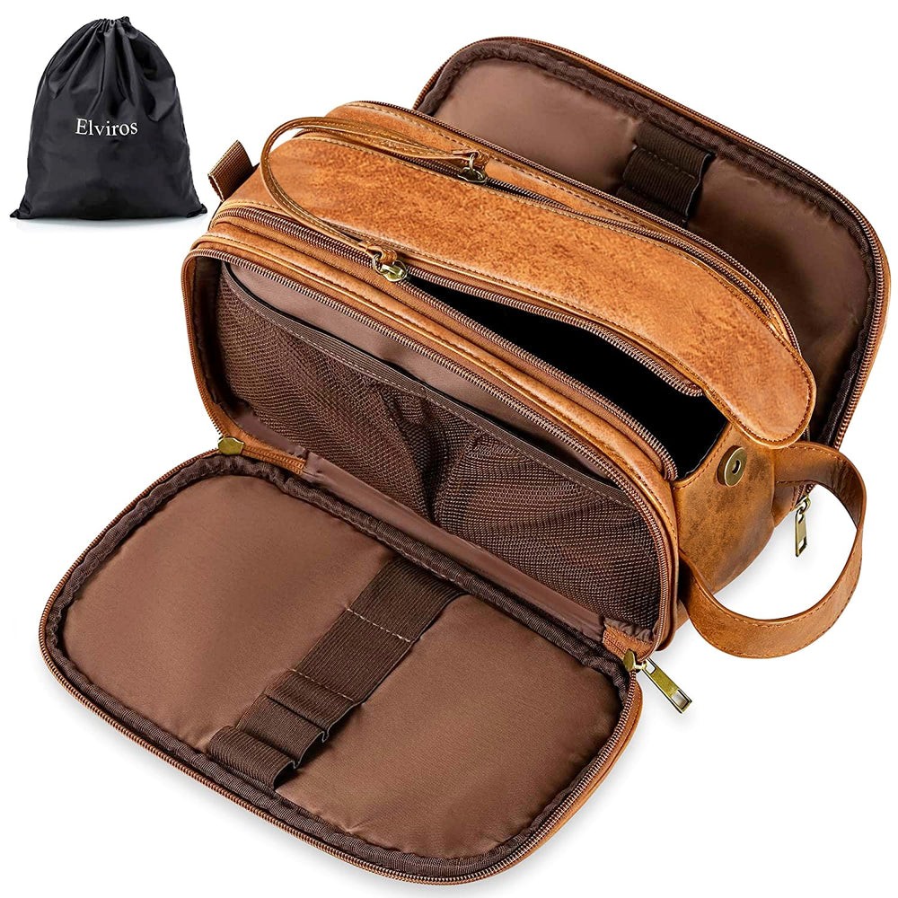 Elviros Toiletry Bag for Men in brown, front view showing spacious travel organization.
