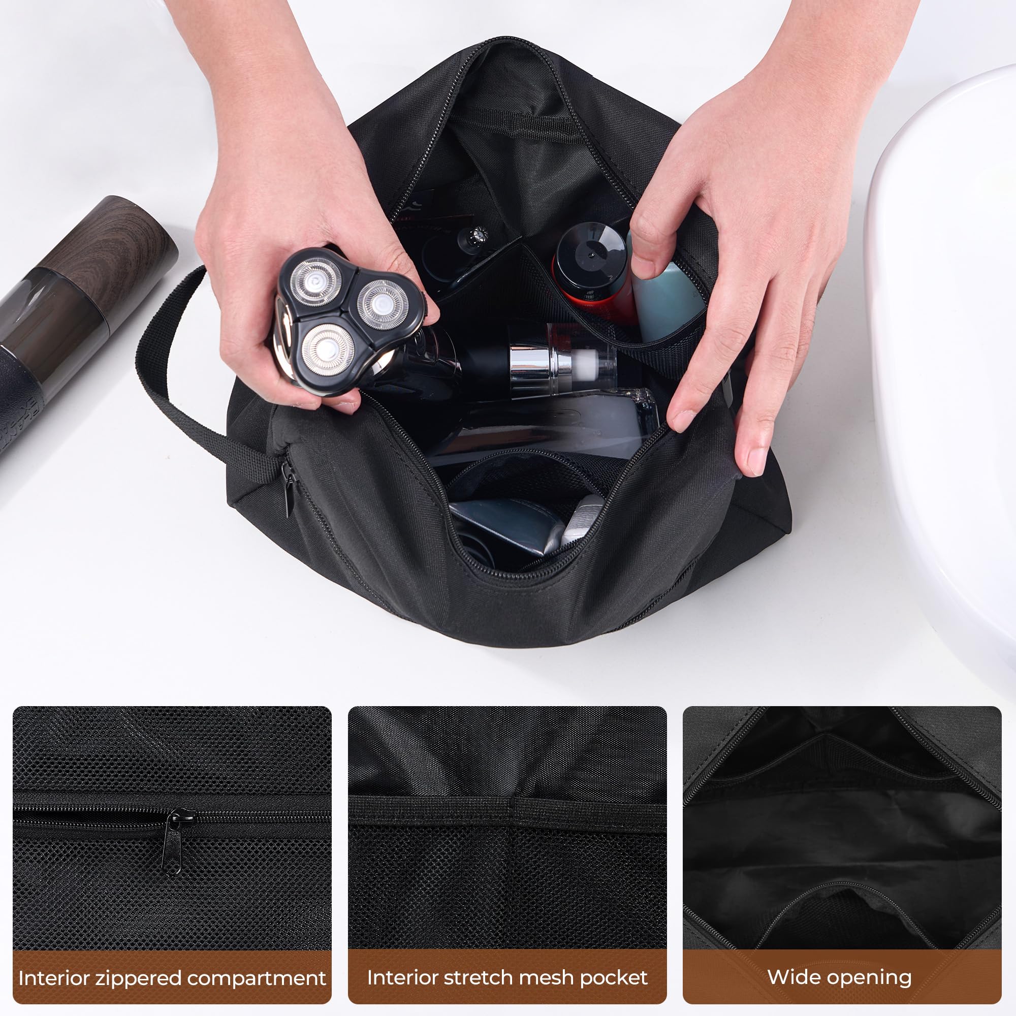 Elviros large toiletries bag fits into backpacks and carry-on luggage.
