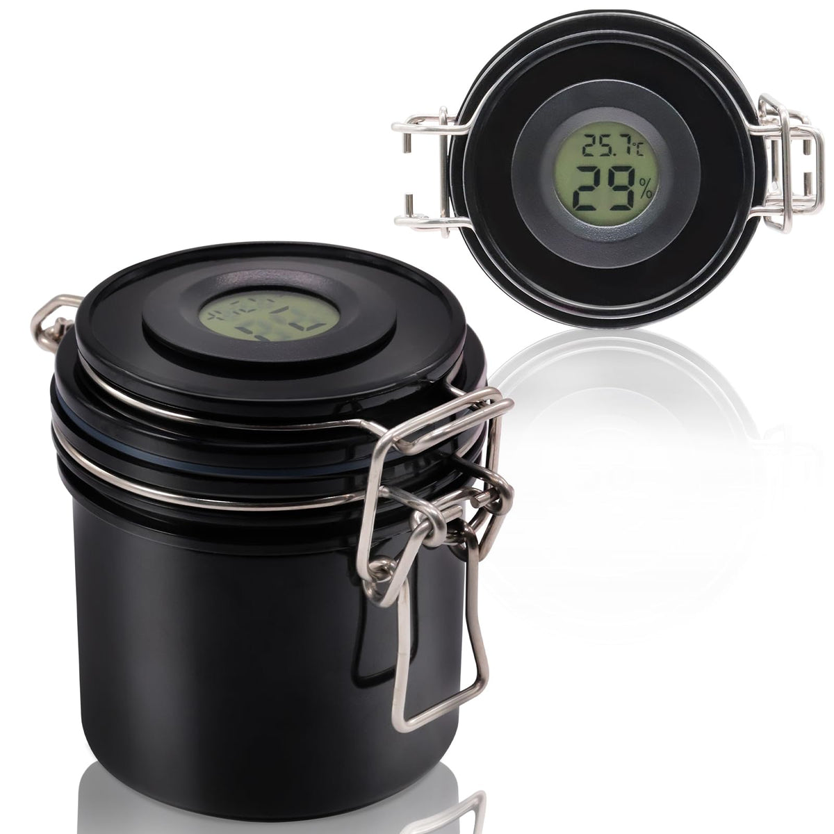 Embagol false lash glue storage tank with hygrometer lid showing visual condition readouts.