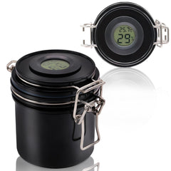 Embagol false lash glue storage tank with hygrometer lid showing visual condition readouts.