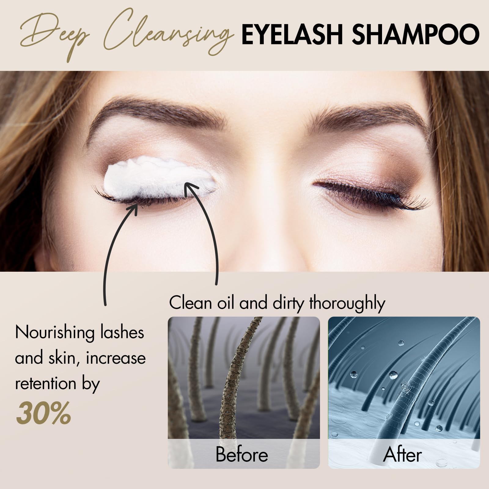 Embagol lash shampoo foaming action image showcases rich lather.
