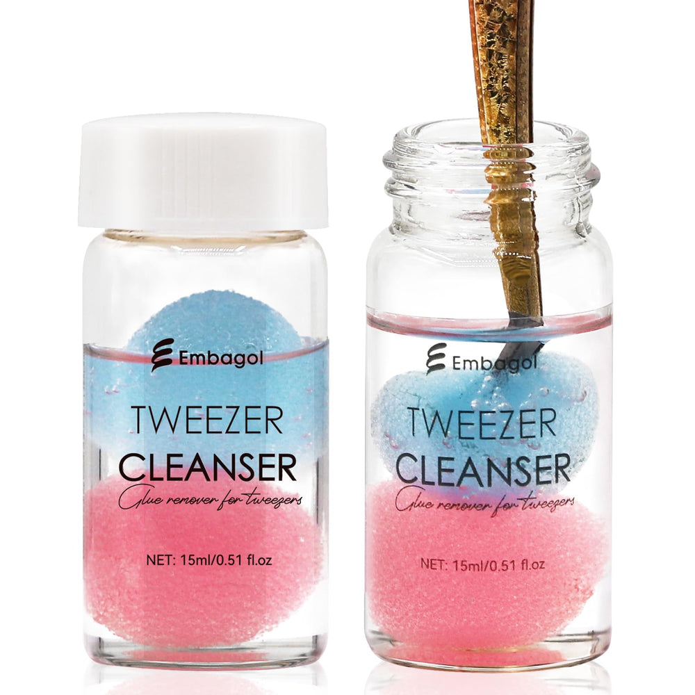Embagol tweezer cleanser bottle for quick glue residue removal on lash tools.
