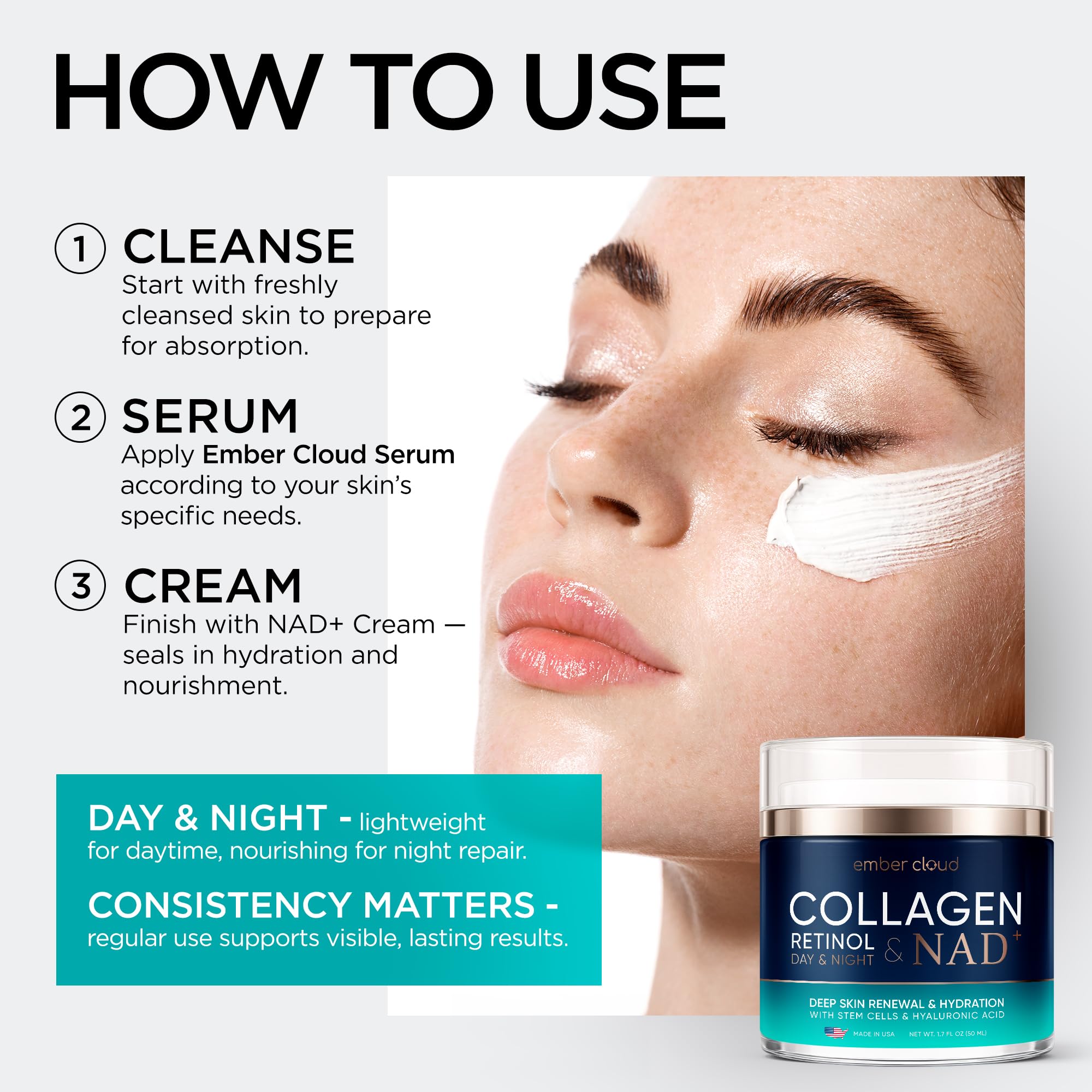 Ember Cloud anti-aging care supports day and night routines.