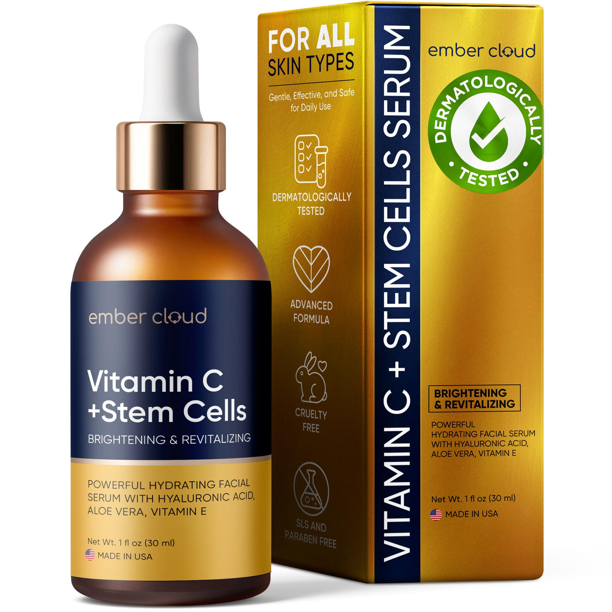Ember Cloud Vitamin C Serum bottle front showing a brightening formula for all skin types.