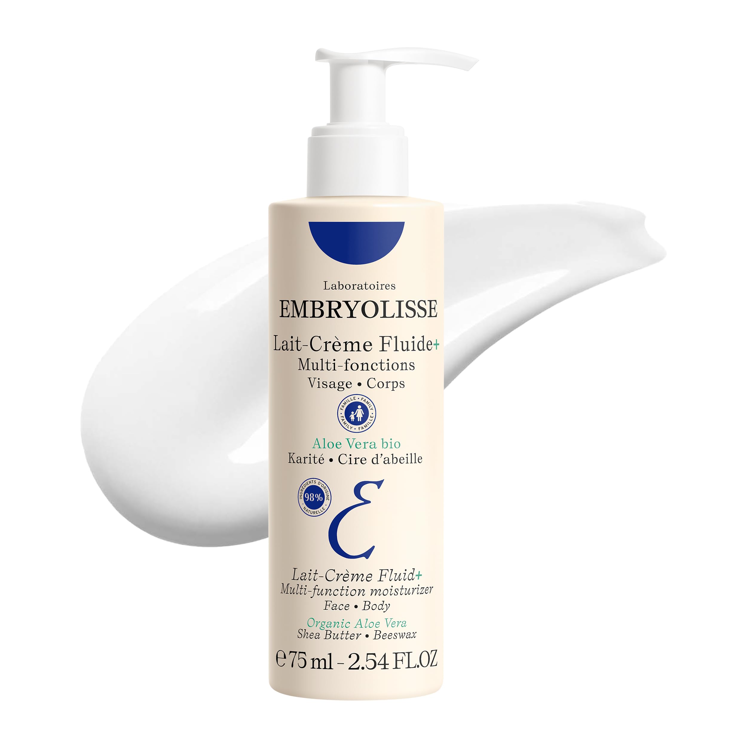 Embryolisse Lait Creme Fluid+ frasco con textura ligera, hidratación para rostro y cuerpo.