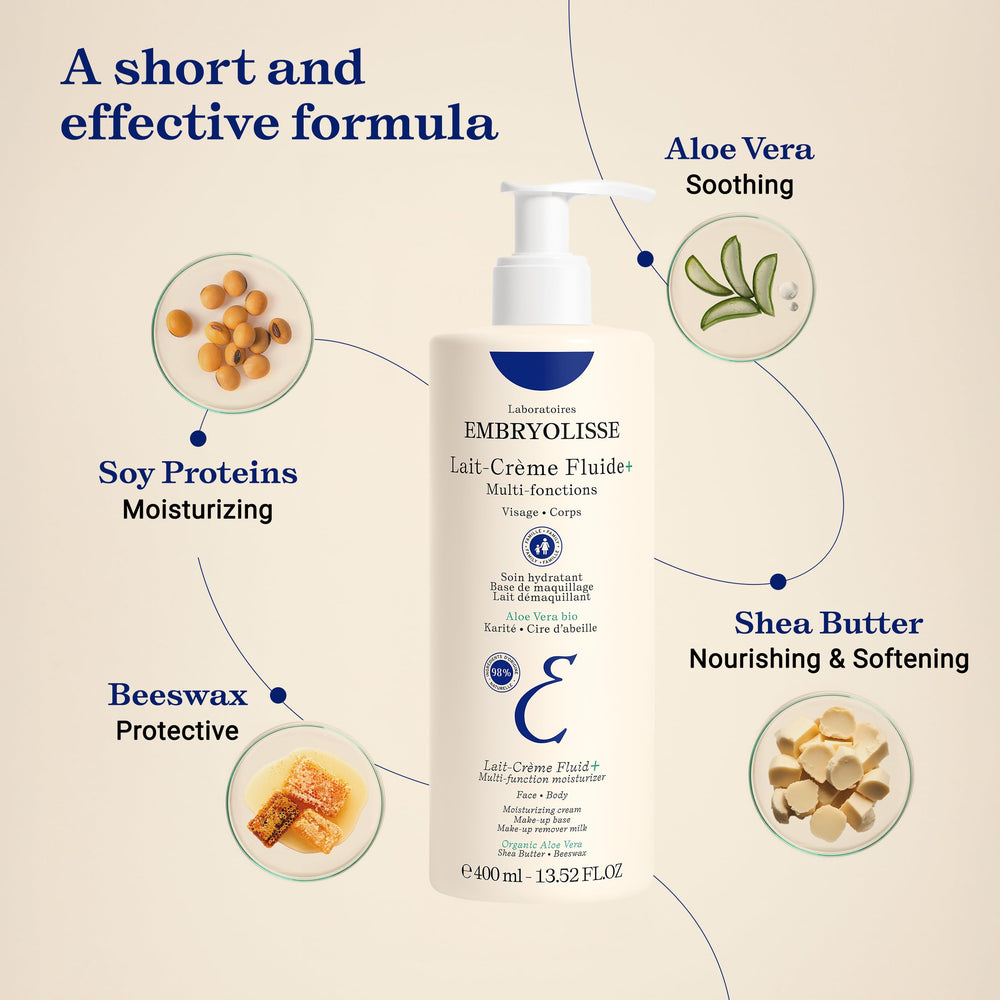 Embryolisse Lait Creme Fluid shown with non-greasy finish for comfortable skin.