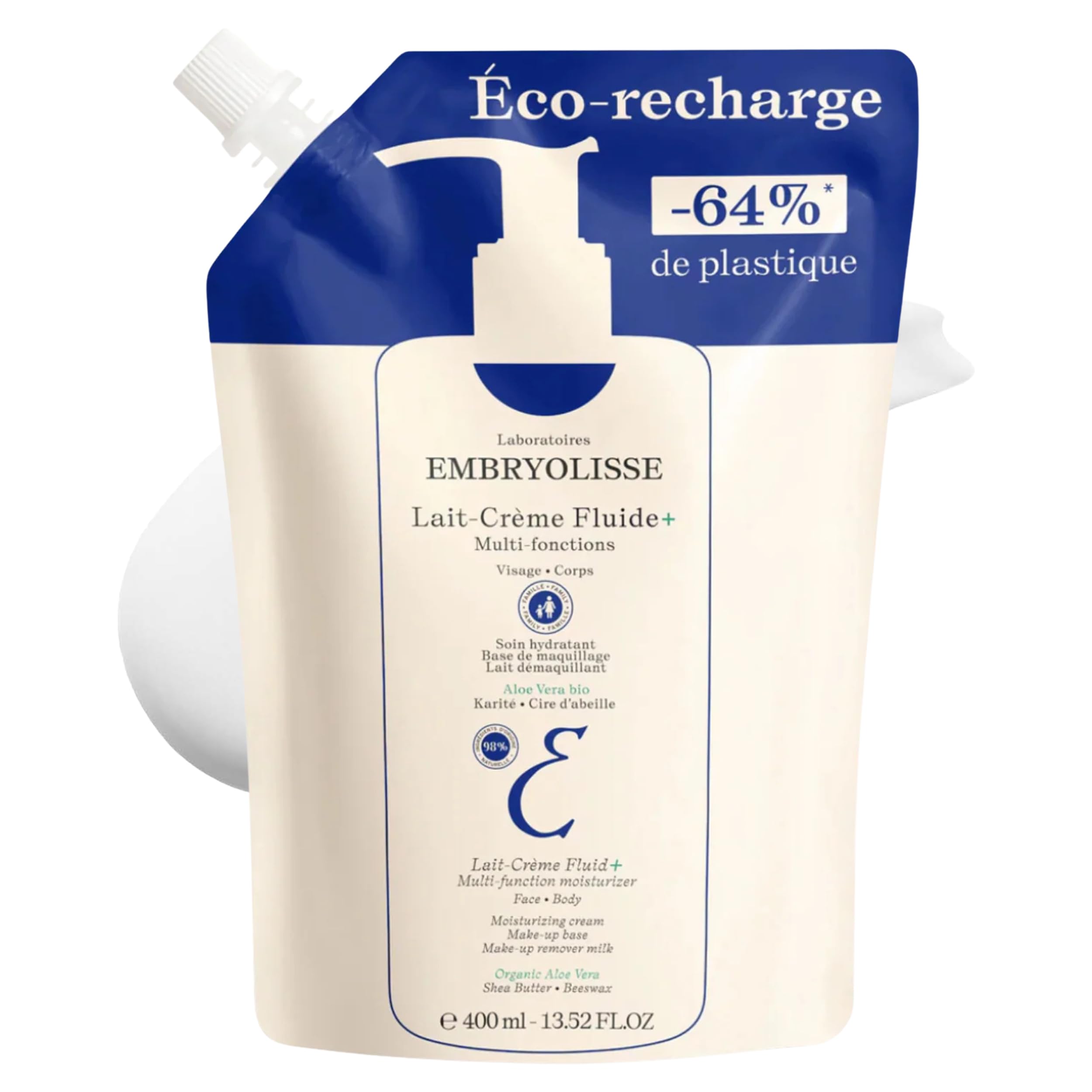 Embryolisse Lait Creme Fluid refill bottle delivers lightweight hydration for face and body.