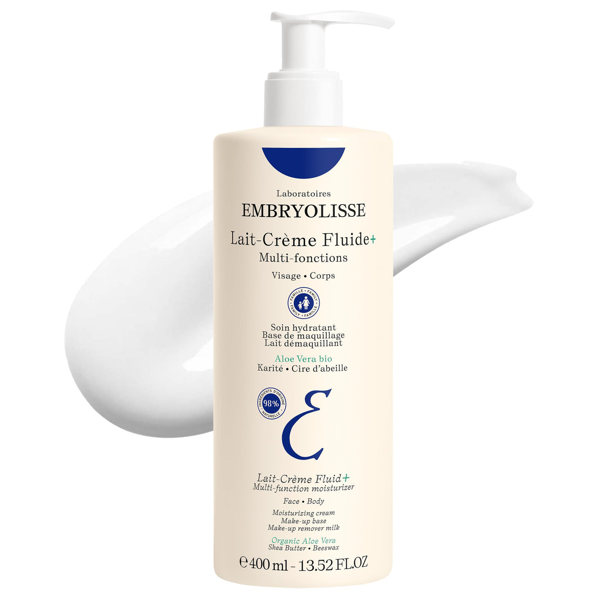 Embryolisse Lait-Crème Fluid+ bottle showing lightweight hydration for face and body