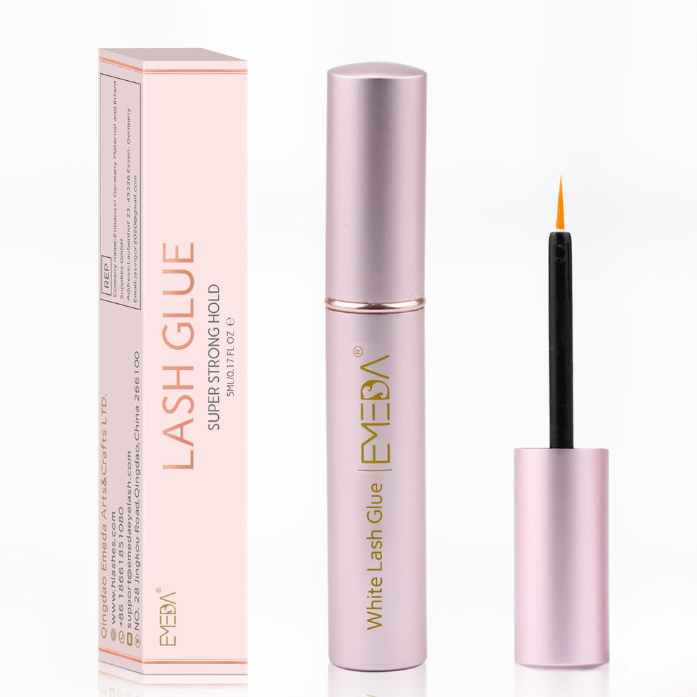 EMEDA eyelash glue bottle showing clear dry formula for seamless application