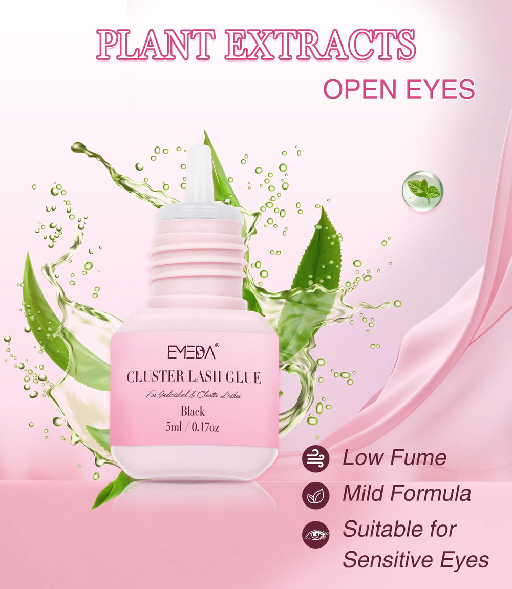 EMEDA lash cluster glue application close-up with rapid 3-second drying time.