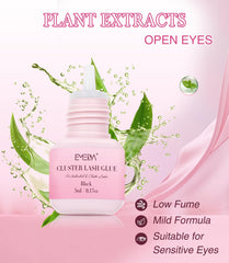 EMEDA lash cluster glue application close-up with rapid 3-second drying time.