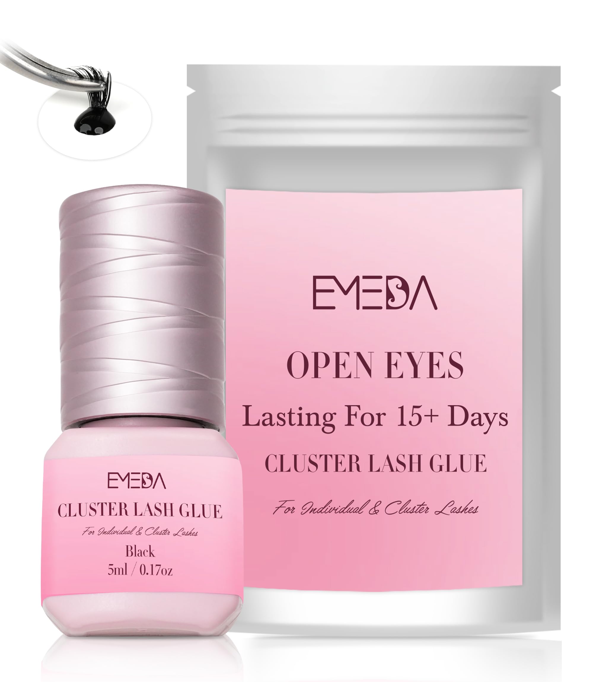 EMEDA lash cluster glue bottle delivers long-lasting hold for extensions.
