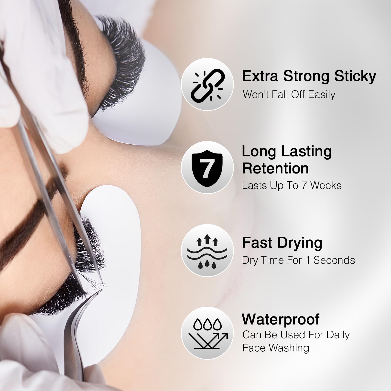 Close-up of EMEDA lash extension glue application performed by a pro.