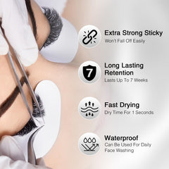Close-up of EMEDA lash extension glue application performed by a pro.