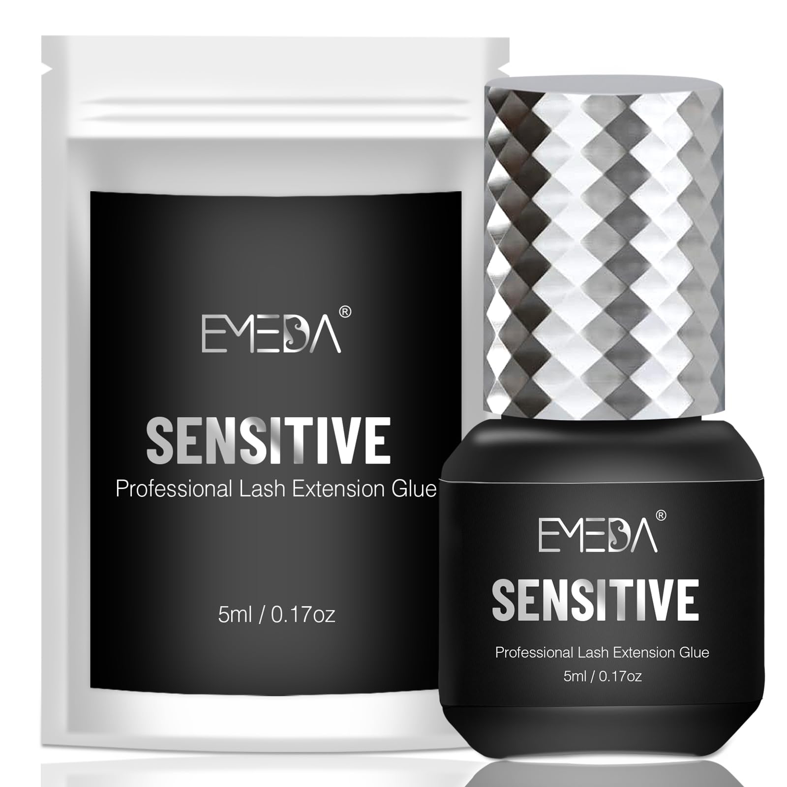 EMEDA Sensitive eyelash extension glue bottle close-up showing quick-dry action for faster appointments.