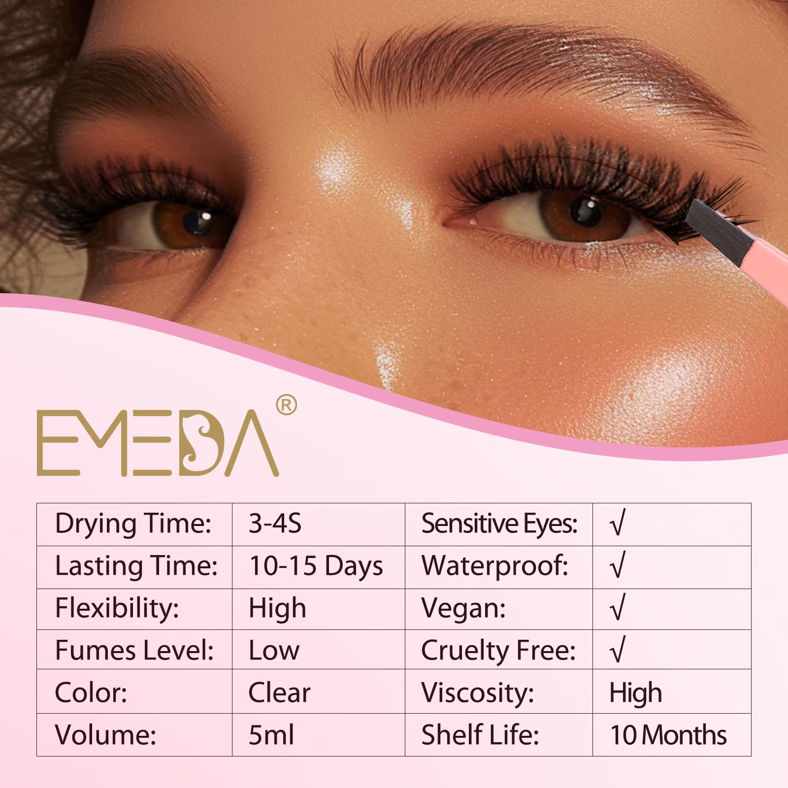 Open eyes show precise lash placement using EMEDA cluster glue.