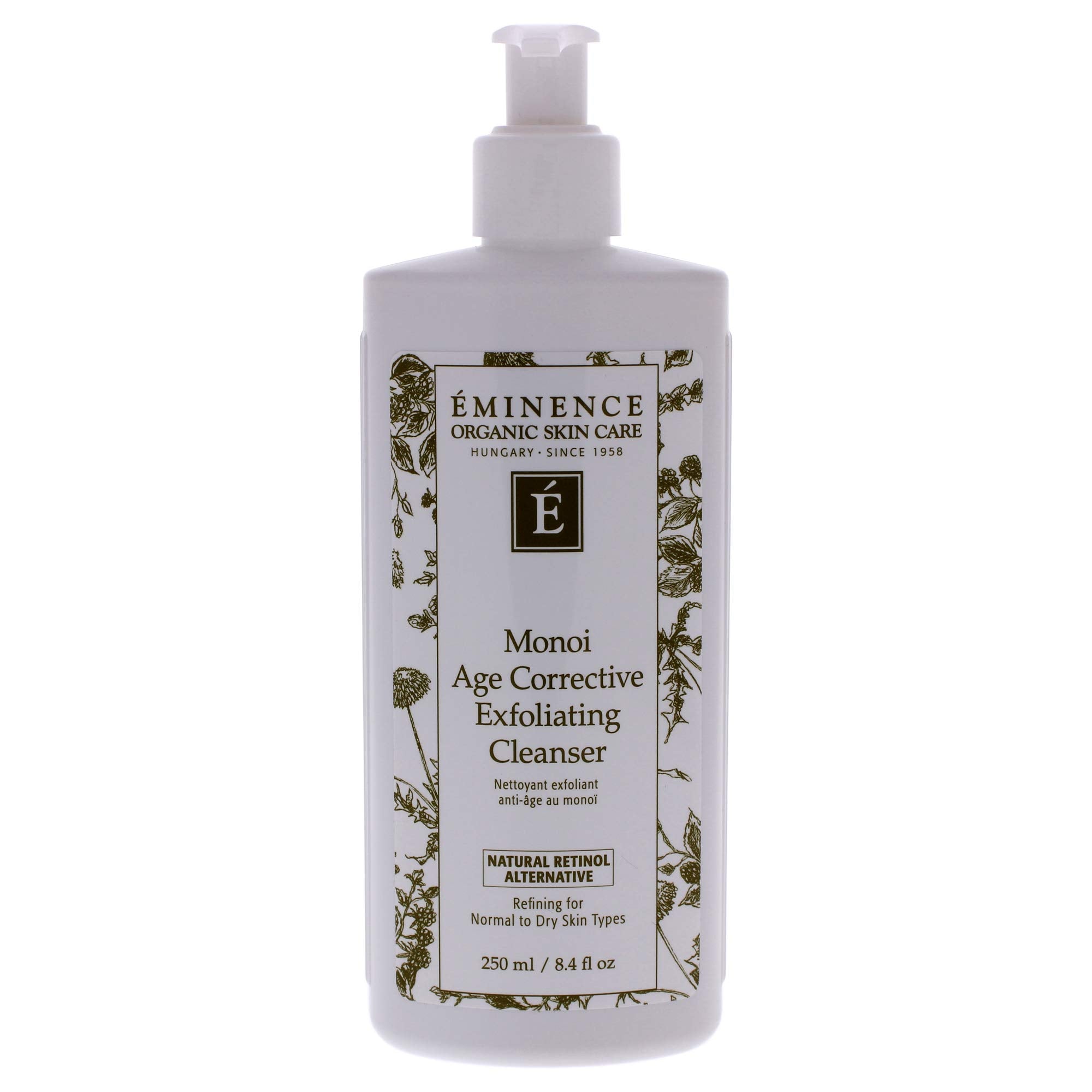 Eminence Age Corrective Monoi Exfoliating Cleanser bottle demonstrates gentle exfoliation for smooth skin.