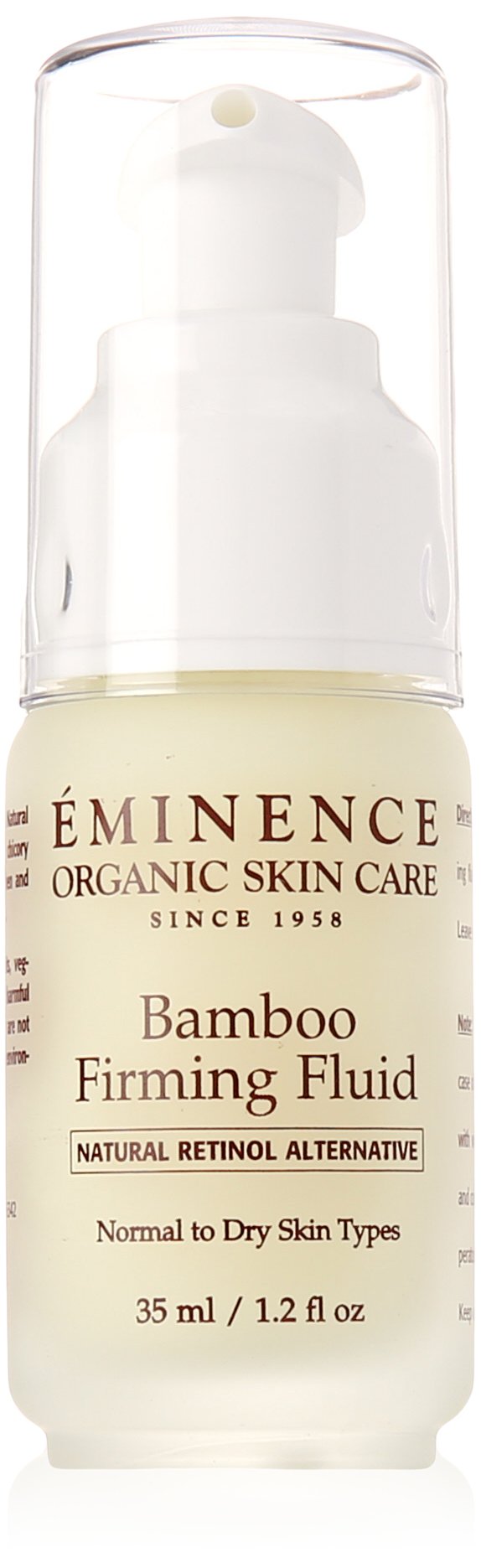 Eminence Bamboo Firming Fluid bottle demonstrates daily hydration for dry skin.