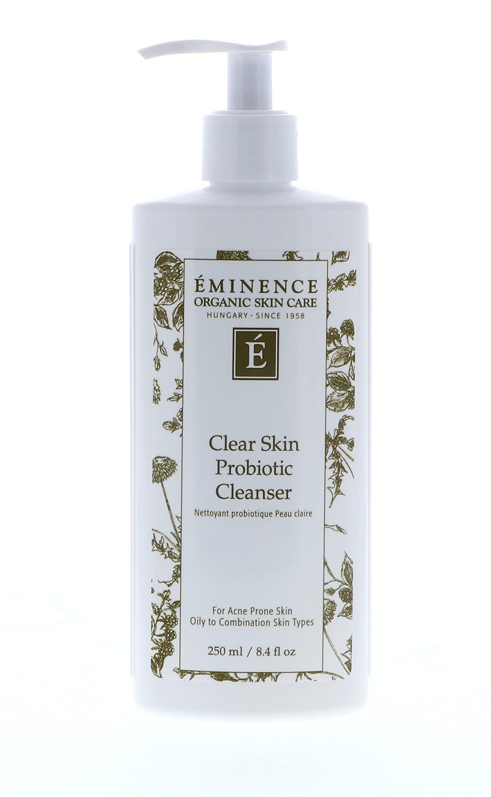 Eminence Clear Skin Probiotic Cleanser bottle close-up for daily cleansing and oil control