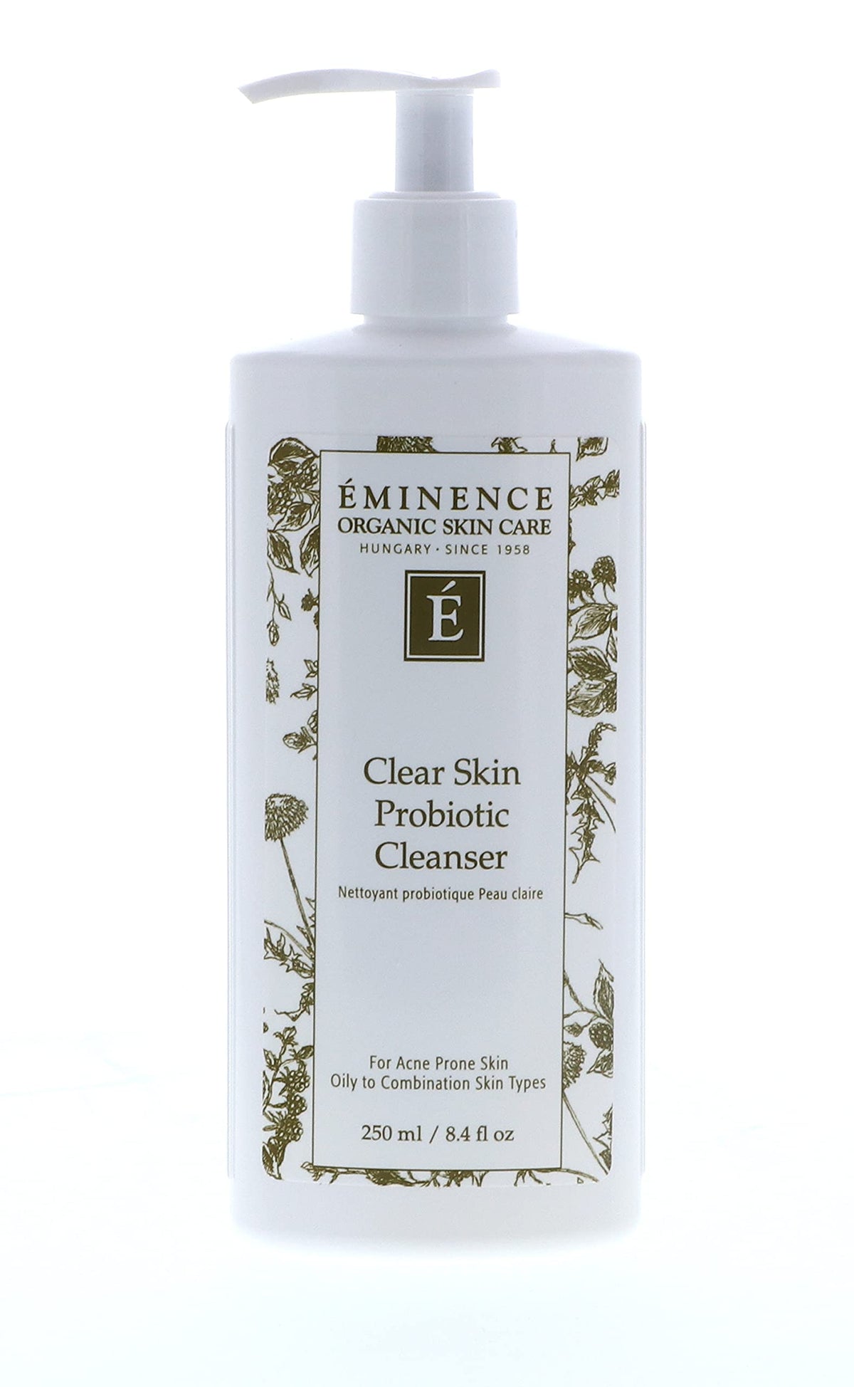Eminence Clear Skin Probiotic Cleanser bottle close-up for daily cleansing and oil control