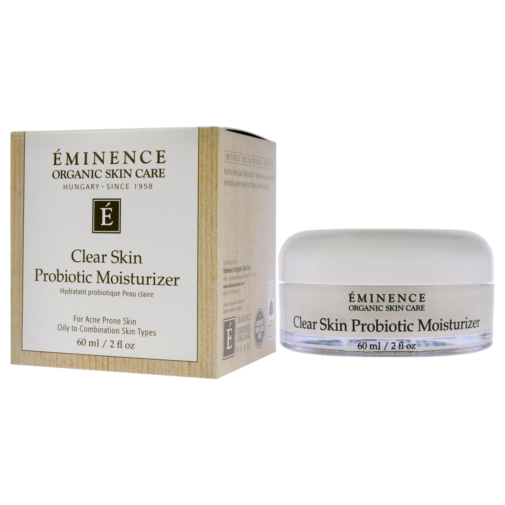 Eminence Clear Skin Probiotic Moisturizer packaging from Hungary delivering gentle hydration