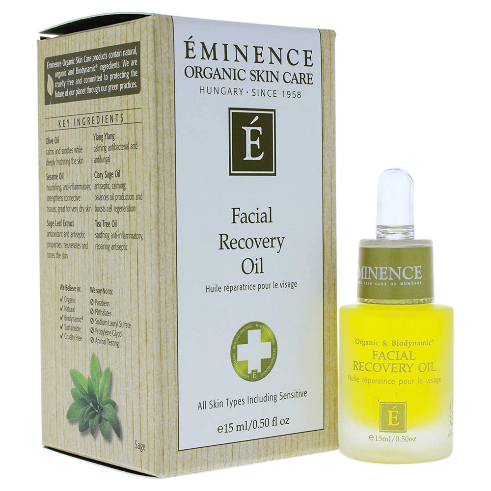 Eminence Facial Recovery Oil bottle showing soothing herbal formula for all skin types.