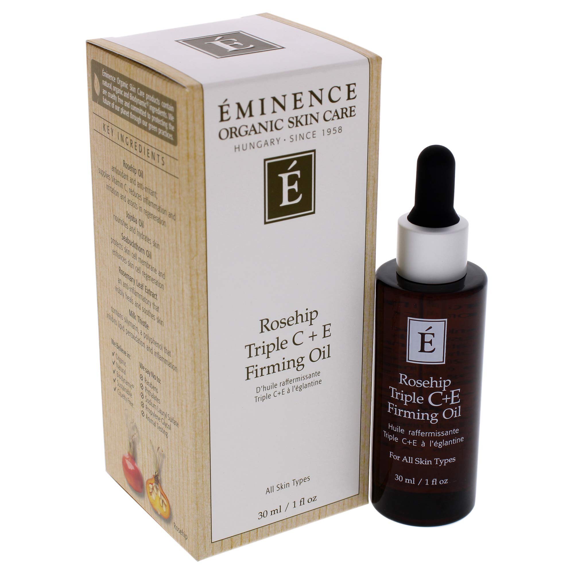 Packaging of Eminence Rosehip Triple C+E Oil with eco-friendly design.