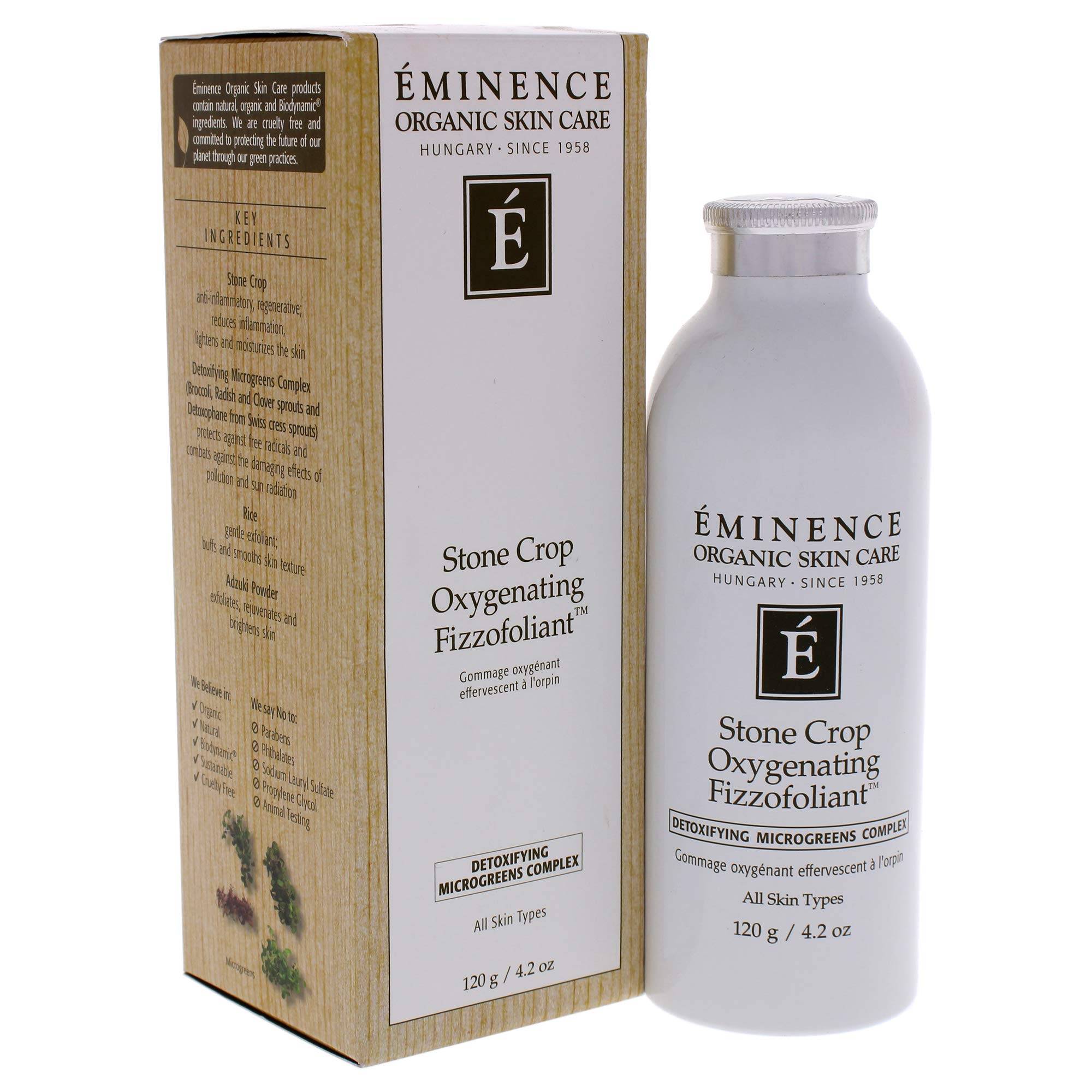 Eminence Stone Crop hydrates with aloe and microgreens during exfoliation.