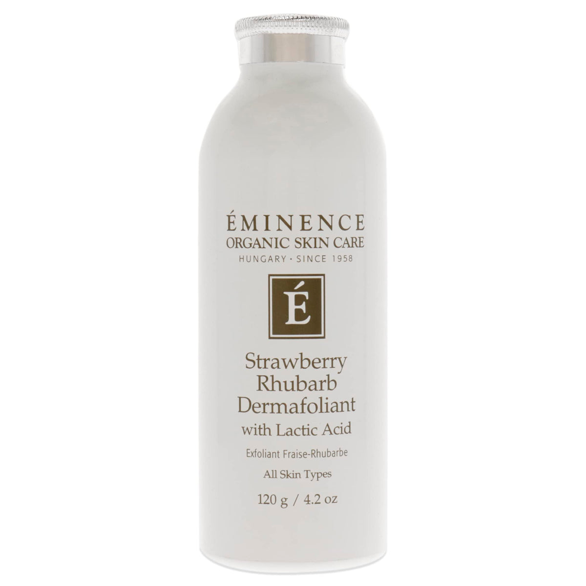 Eminence Strawberry Rhubarb Dermafoliant packaging highlights a gentle exfoliant for polished skin.