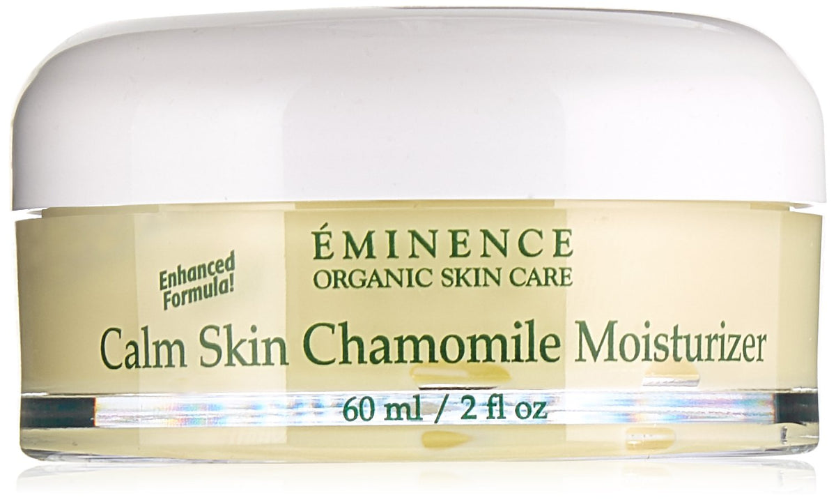 Eminence Vitaskin Calm Skin Chamomile moisturizer bottle gleams, soothing sensitive skin with chamomile and Arnica.