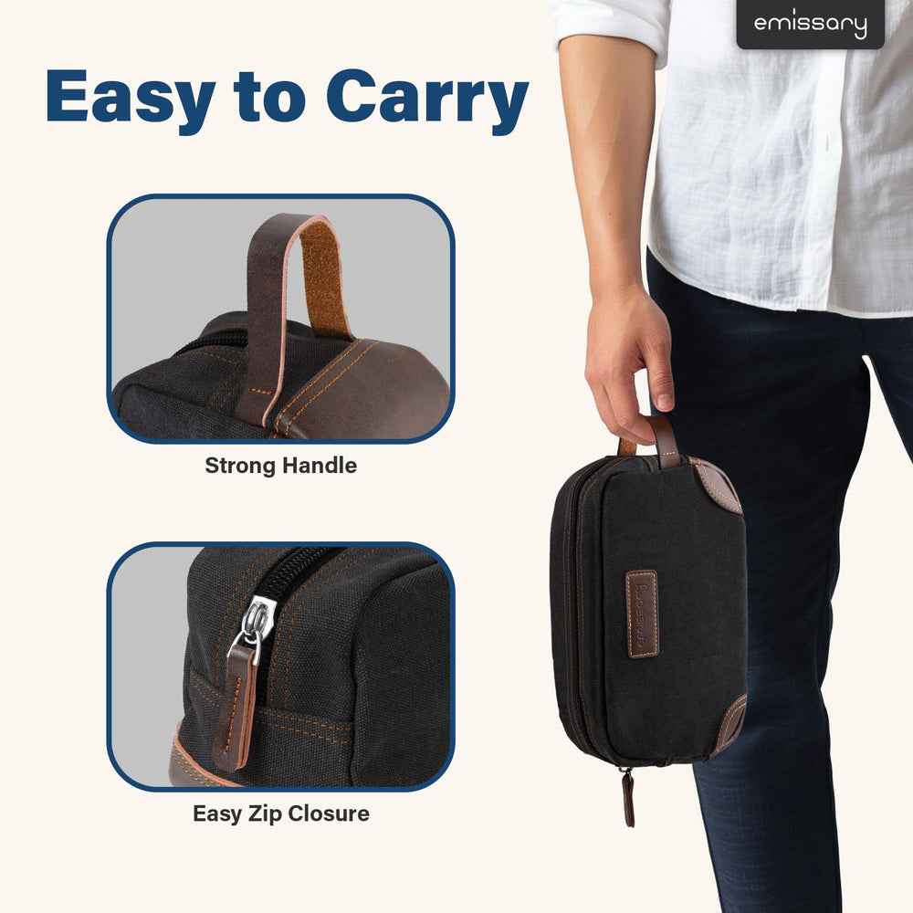 Emissary men's toiletry bag open interior showing organized compartments