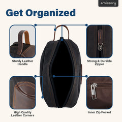 Emissary men's toiletry bag side handle for easy carrying