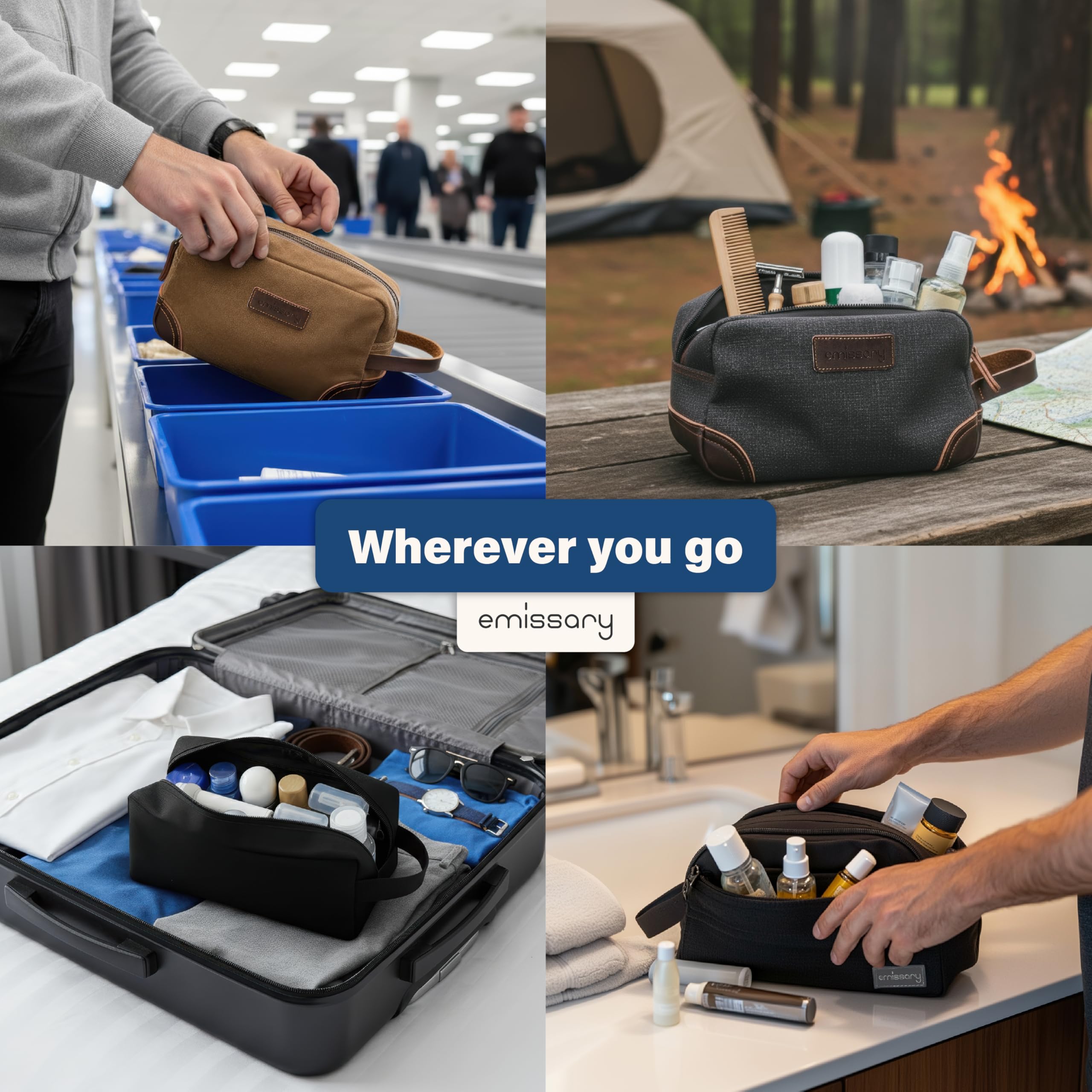 emissary Toiletry Bag in carry-on scenario with travel items