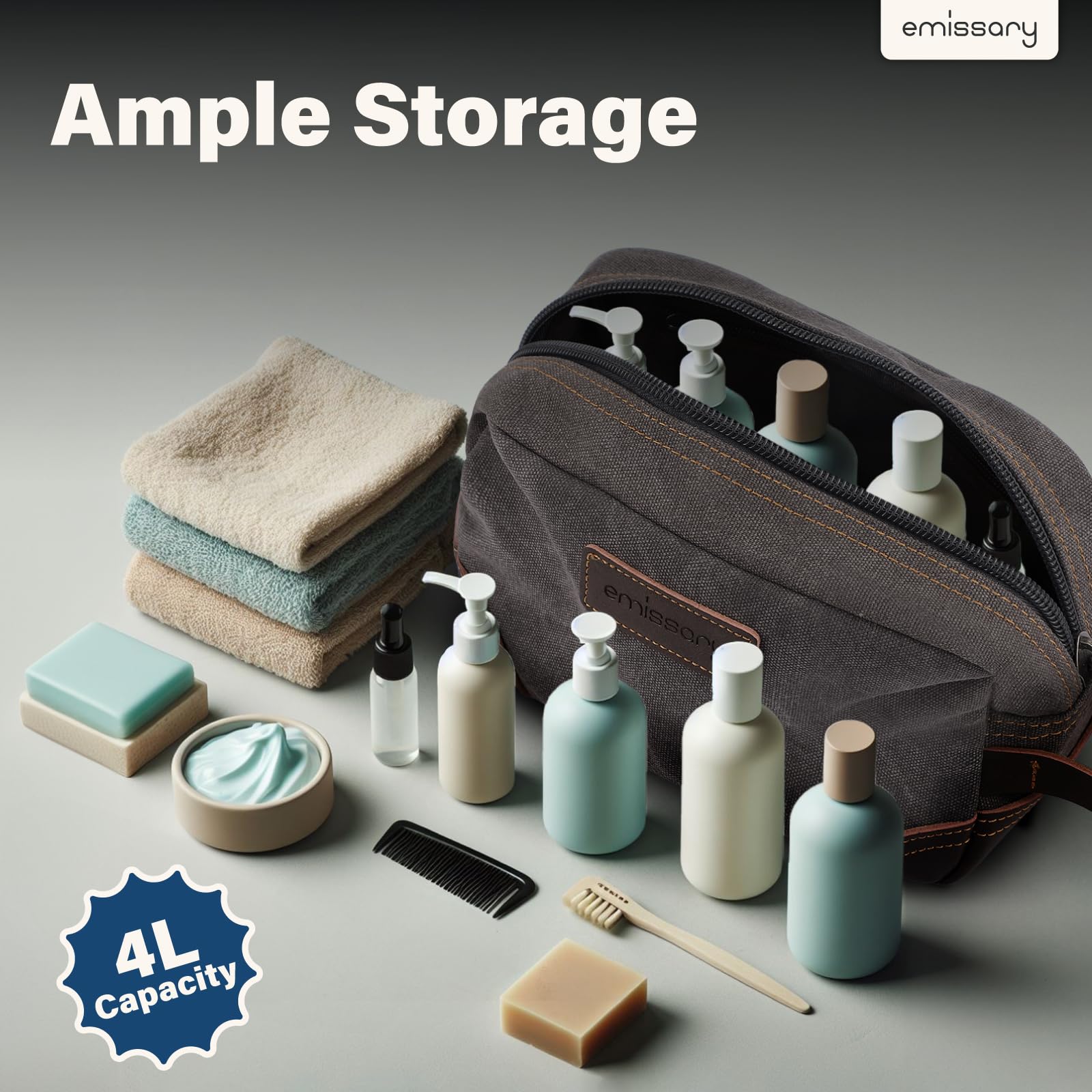 emissary Toiletry Bag main compartment open showing generous storage space