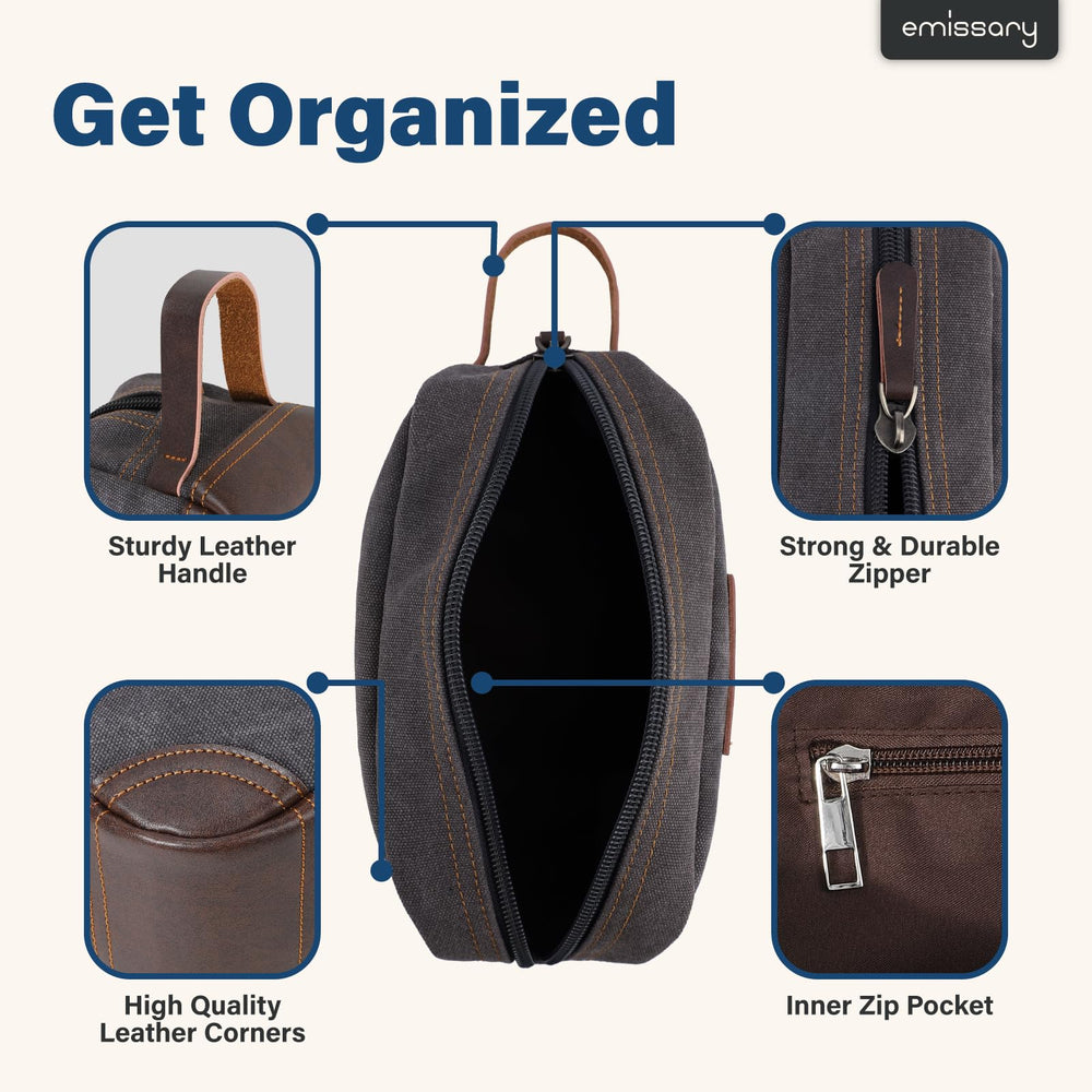 emissary Toiletry Bag side handle close-up highlighting portable carry during trips